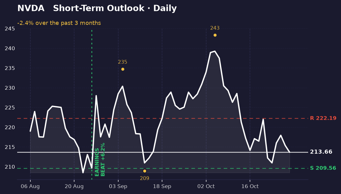 Daily Nvidia price chart showing a recent pullback from about $243 toward $213, with support near $210 and resistance near $222 marked.