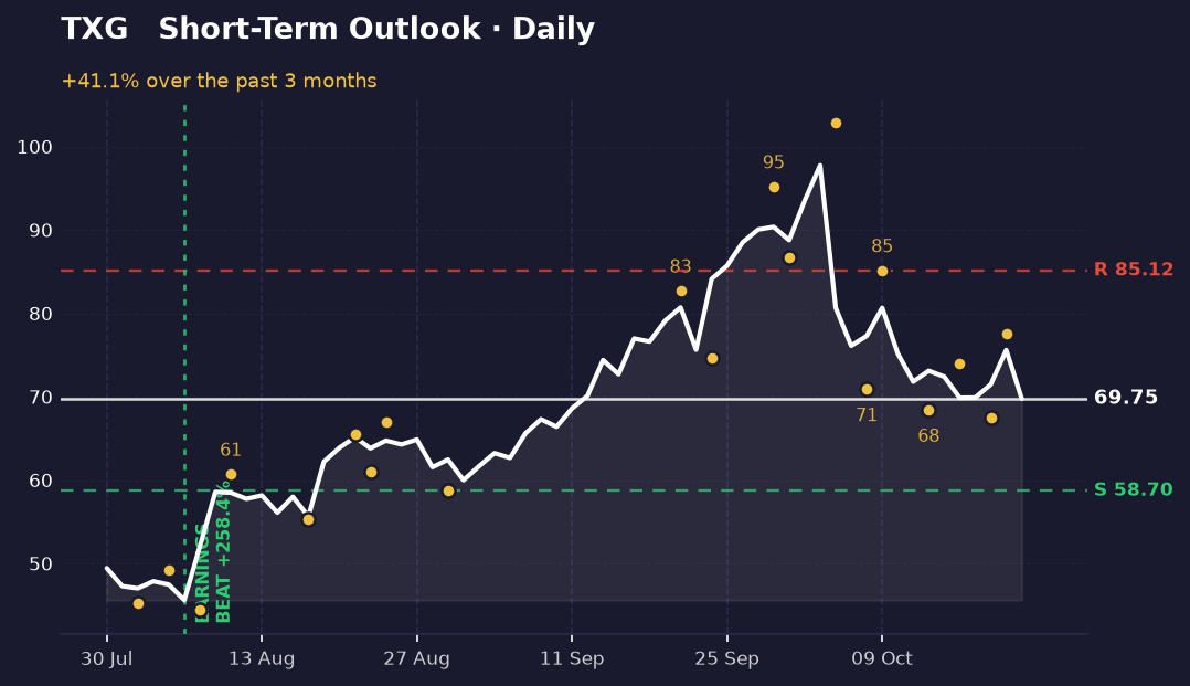 Daily price chart of TXG showing a recent rebound from about $68 to $77 with support near $58.70 and resistance near $85.12 marked.