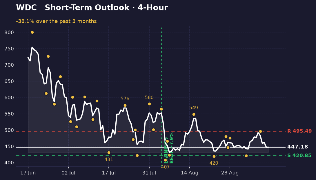 4-hour chart of WDC over recent weeks: price falls from 703 to 461.17, oscillating between 420.9 and 495.49. Support at 443.02, resistance at 495.49. Stock near bottom of range.